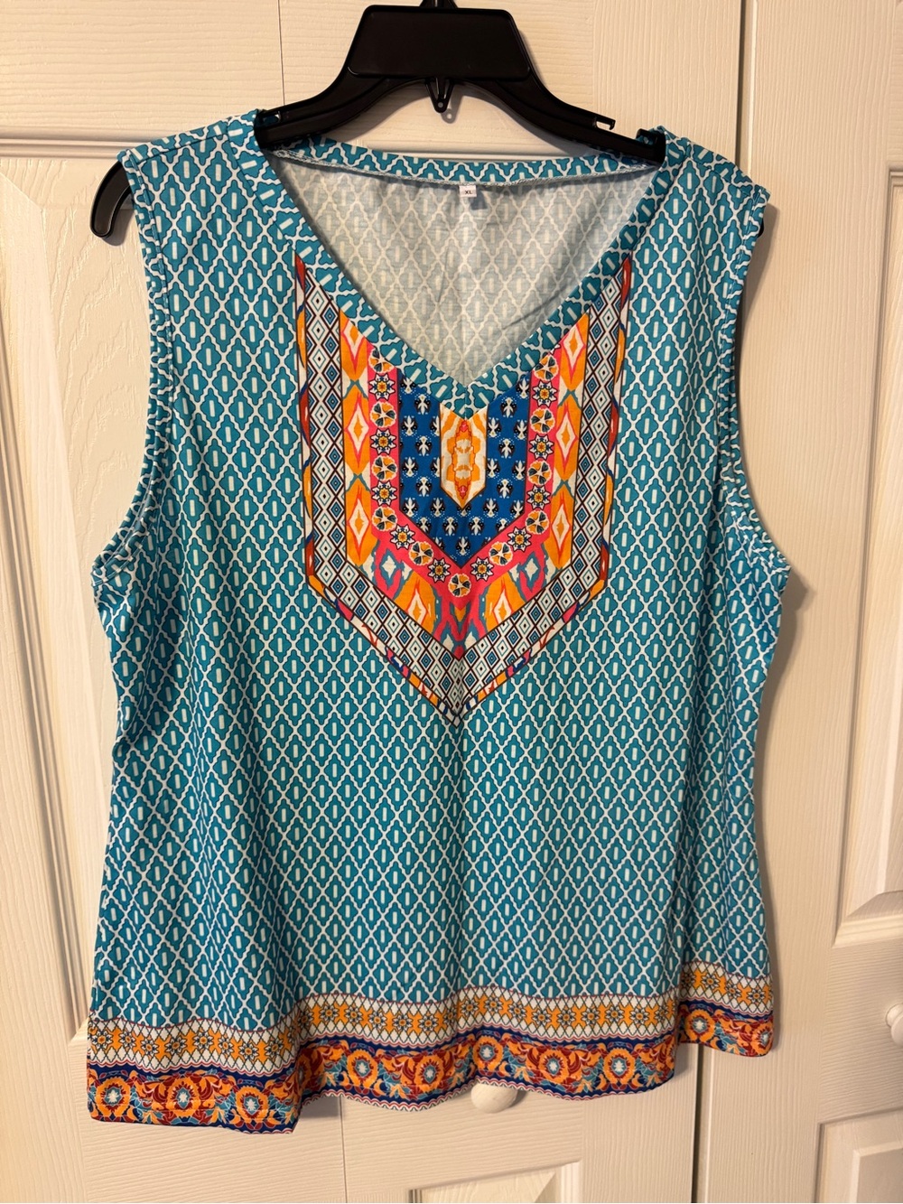 Teal Sleeveless V-Neck Tank with Colorful Embroidered-Style Yoke